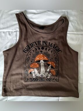 Believe In Magic Ribbed Crop Tank with Mushroom Graphic - Brown & Orange